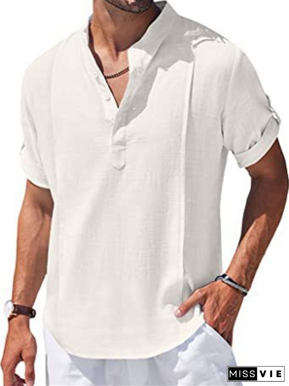 Linen Shirt Casual Beach Shirt Short Sleeve T-shirt Solid Color Stand-up Collar Top S M L XL 2XL 3XL 4XL 5XL