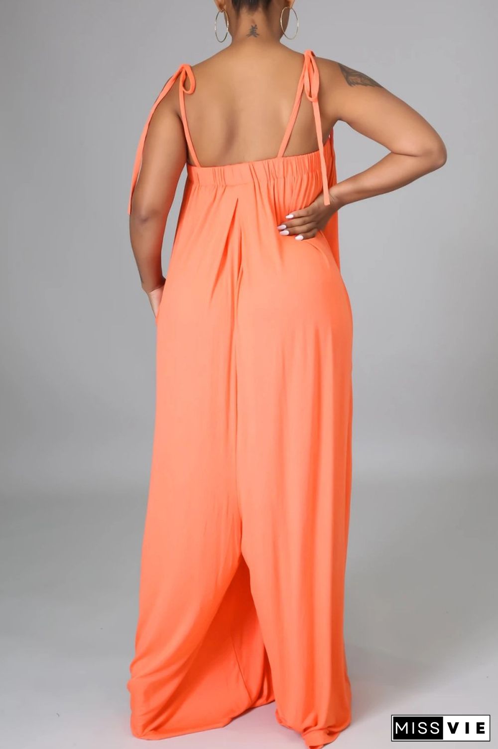 Orange Casual Solid Bandage Backless Spaghetti Strap Loose Jumpsuits