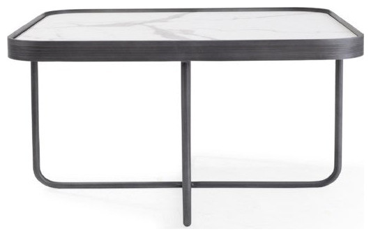 Patrizio Coffee Table With White Calcatta Top and Brushed Silver Metal Frame   Transitional   Coffee Tables   by V.S.D Furniture  Houzz