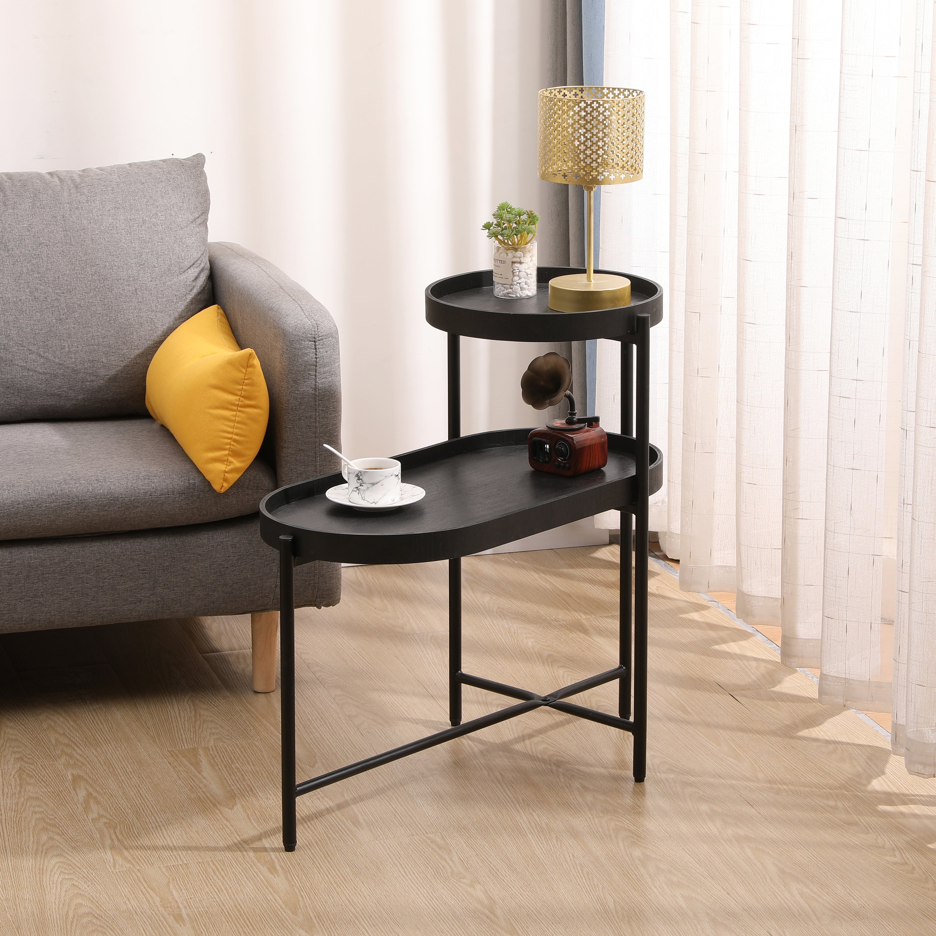 2-Tier Side Table with Storage Sofa Table with Bottom Anti-slip and Tray End Table Modern Living Room Center Table