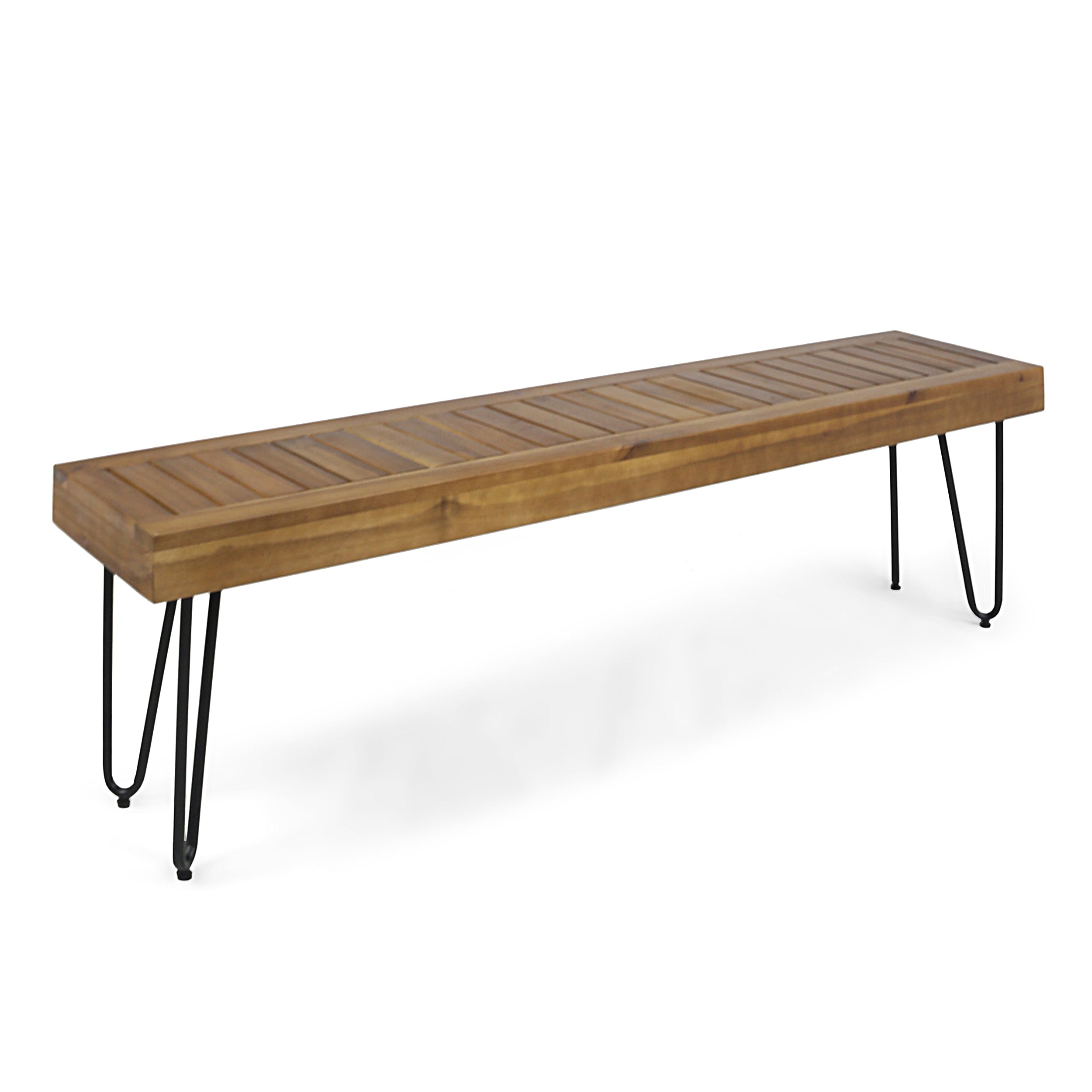 Abbet Outdoor Farmhouse Slat-Top Acacia Wood Bench w/ Metal Hairpin Legs