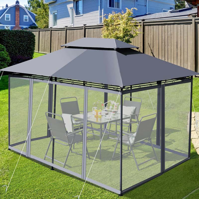 10 x 13 FT Steel Patio Gazebo with Mesh Curtains, 2 Tier Vented Roof Outdoor Canopy Gazebo Tent