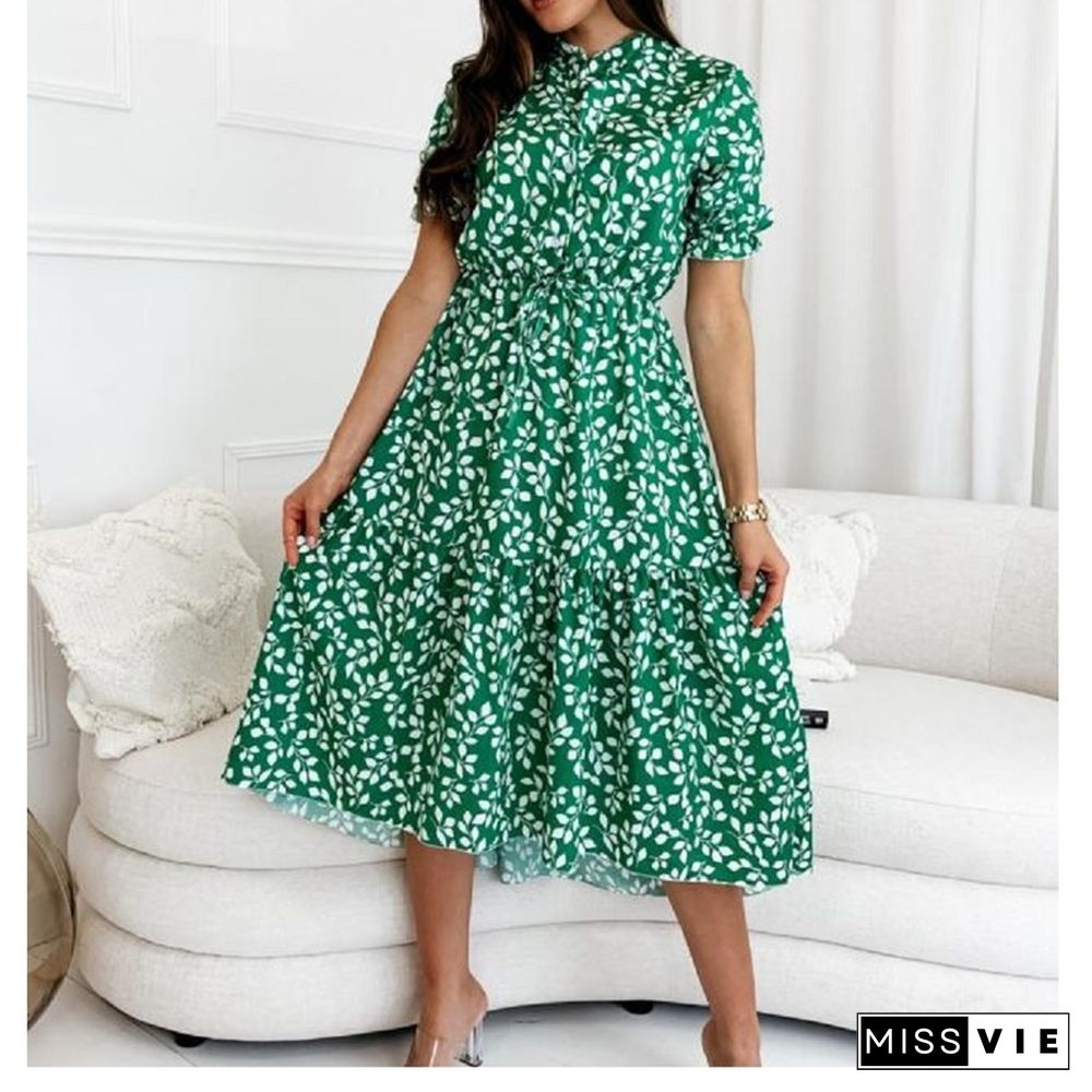 Elegant Floral Print Dresses Women Summer Dress New Casual Button Lace-up Short Puff Sleeve Slim Waist Midi Dress