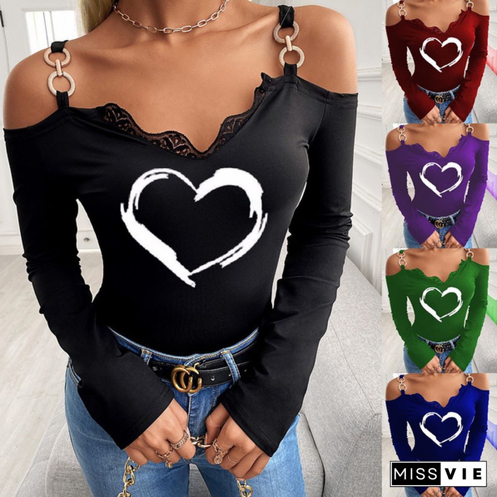 Spring and Autumn Plus Size Fashion Women Casual Heart Printed Lace Trim Cold Shoulder Chain Strap Long Sleeve Tops