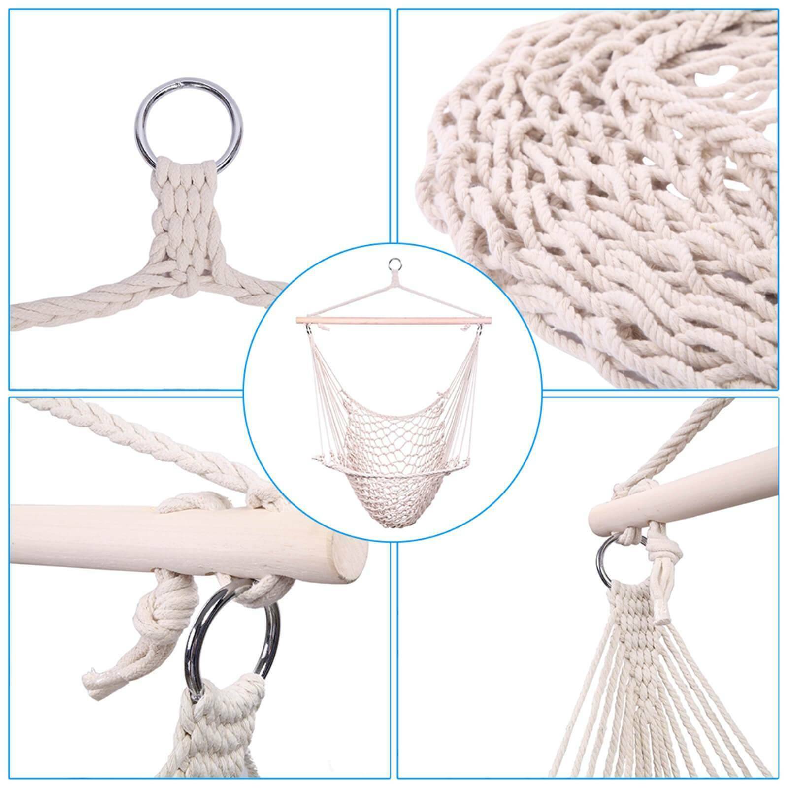 Indoor Outdoor Handmade Hanging Cotton Rope Hammock Lounge Swing Chair for Patio, Porch, Bedroom, Backyard - Beige