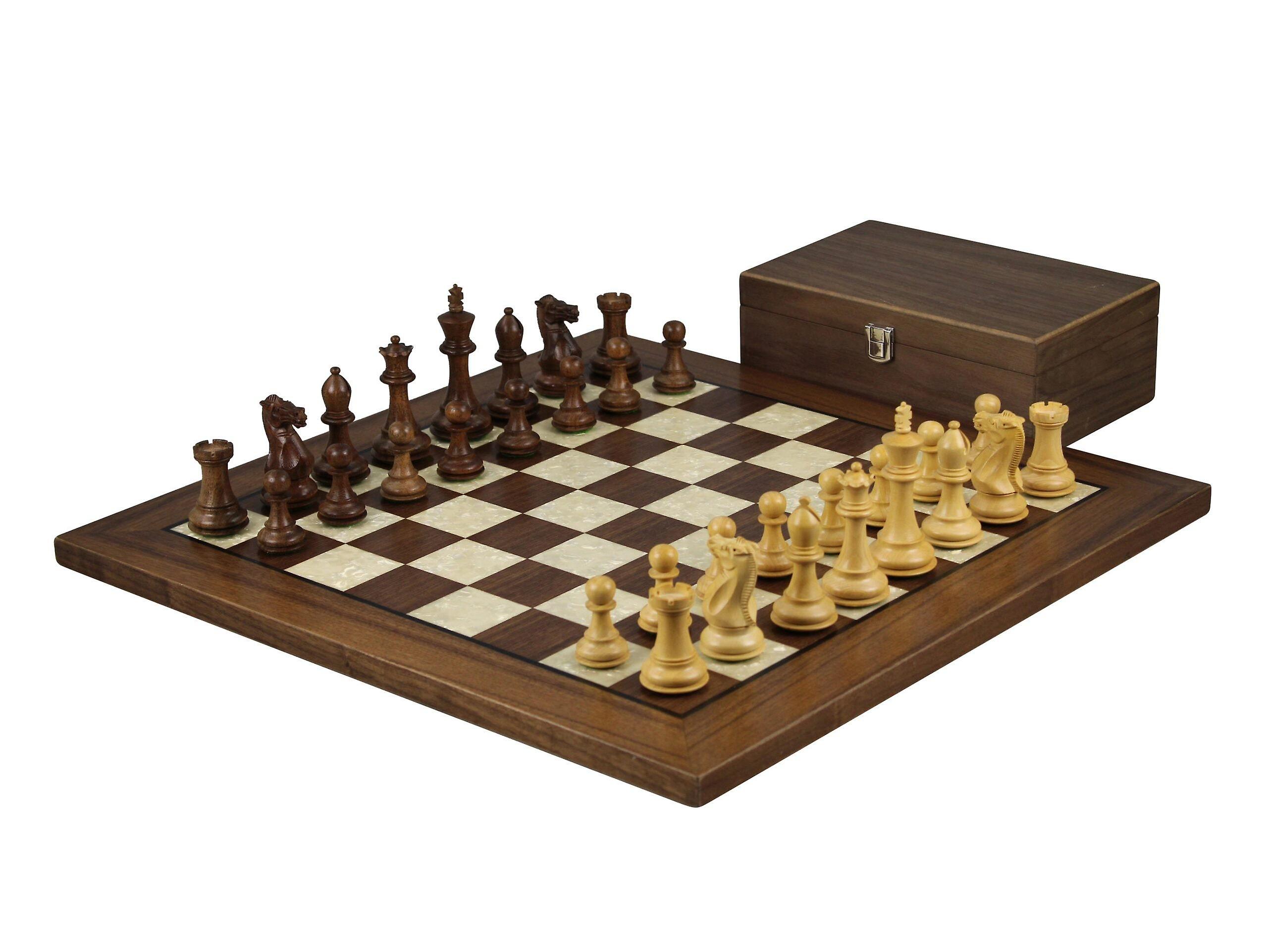 Helena Mother Of Pearl Flat Board Chess Set Walnut 20 Inch Weighted Sheesham Professional Morphy Staunton Chess Pieces 3.75 Inch