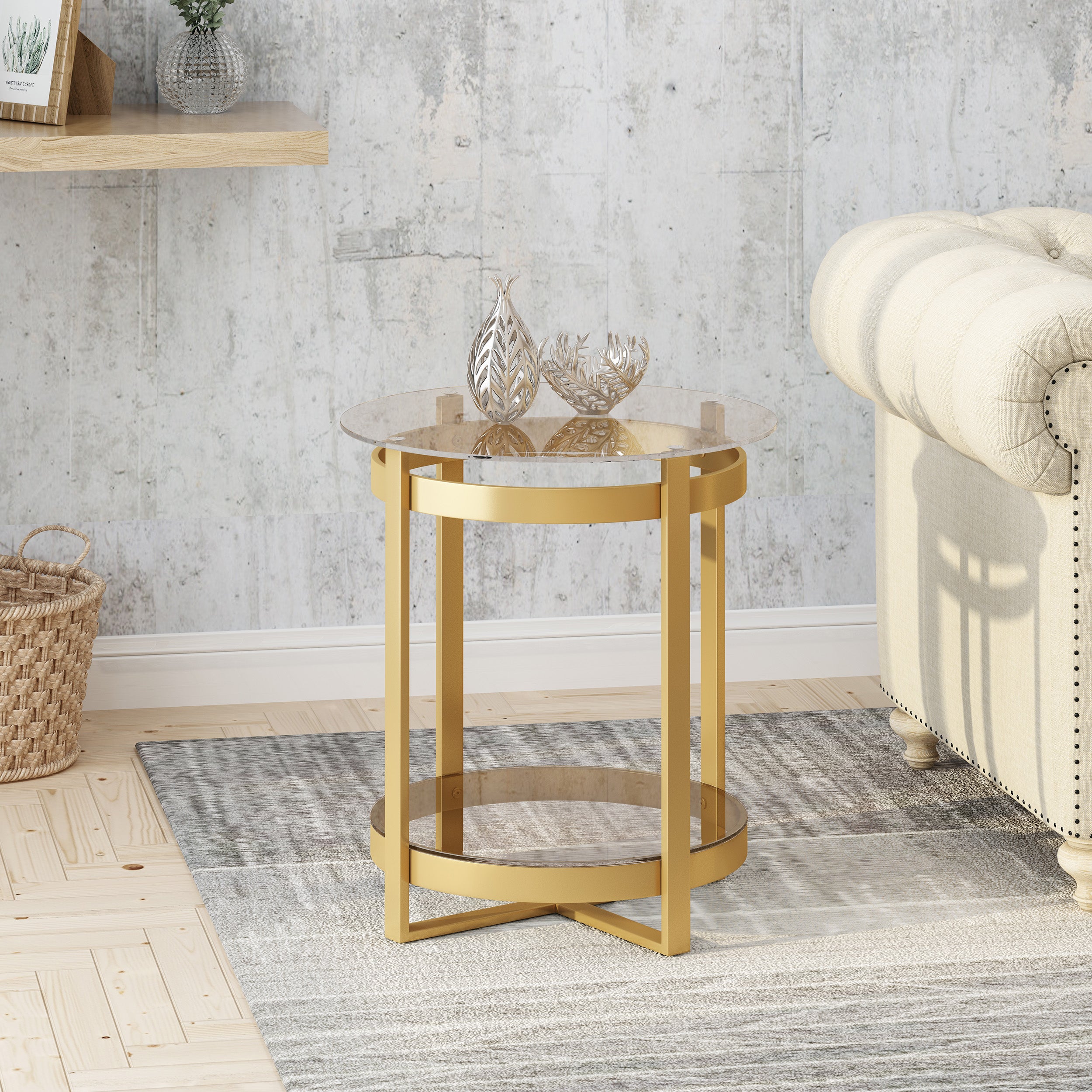 Tate Modern Glam Round Glass End Table with Iron Frame