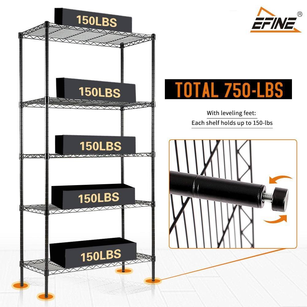 EFINE Black 5-Tier Carbon Steel Wire Garage Storage Shelving Unit NSF Certified (30 in. W x 60 in. H x 14 in. D) RL200-5