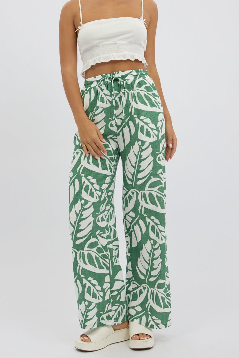 Green Abstract Wide Leg Pants Elasticated Waist