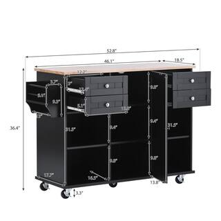 Black 52.8 in. W x 18.5 in. D x 36.4 in. H Kitchen Island Cart on 5-Wheels with Spice Rack Towel Rack and Drawer WF296AABWY