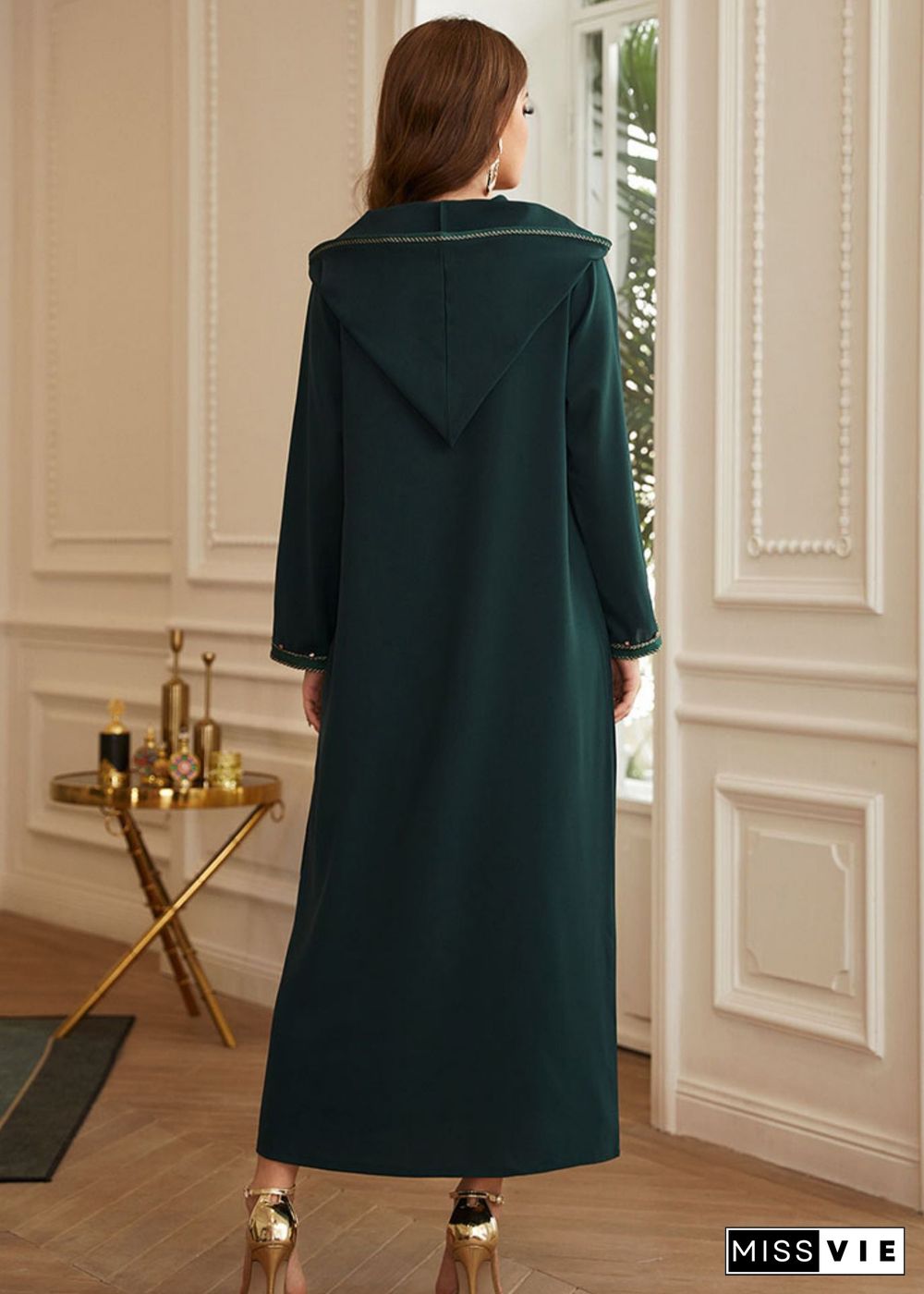 Chic Green Patchwork Zircon Hooded Silk Long Dresses Long Sleeve