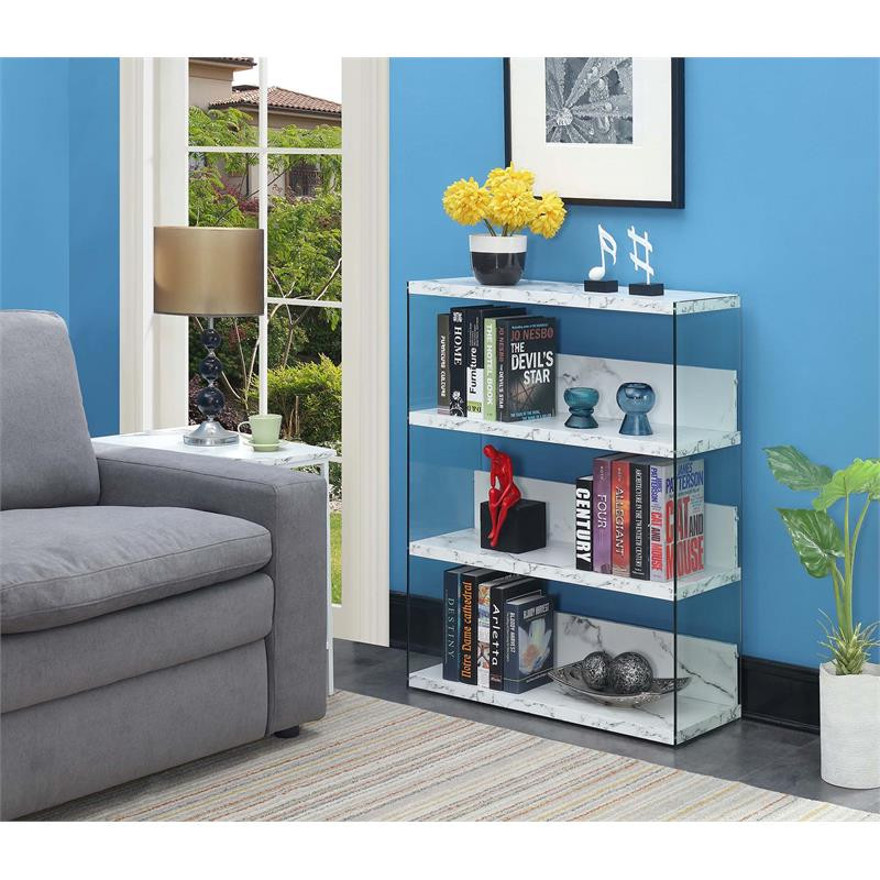 Pemberly Row Four Tier Wide Bookcase in White Faux Marble Wood   Contemporary   Bookcases   by Homesquare  Houzz