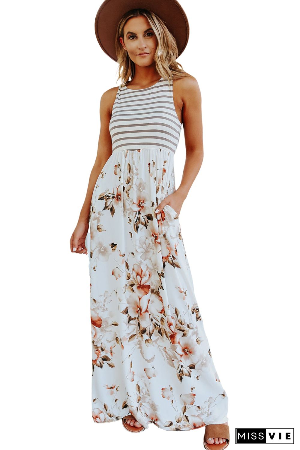 White Striped Floral Print Sleeveless Maxi Dress with Pocket