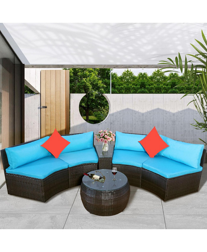 Simplie Fun 4-Piece Patio Furniture Sets Outdoor Half-Moon Sectional Furniture Wicker Sofa Set with Two Pillows and Coffee Table Blue Cushions+Brown Wicker