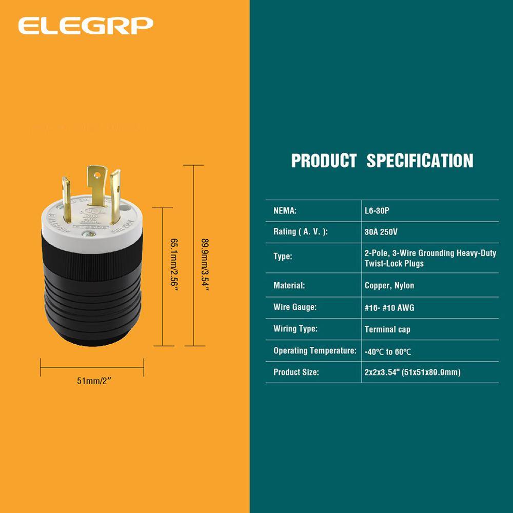 ELEGRP 30 Amp 250-Volt NEMA L6-30P Locking Plug Industrial Grade Grounding Heavy-Duty BlackWhite L0630P