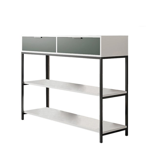 White and Light Green Wood Console Table Steel Frame with Shelves and Drawers