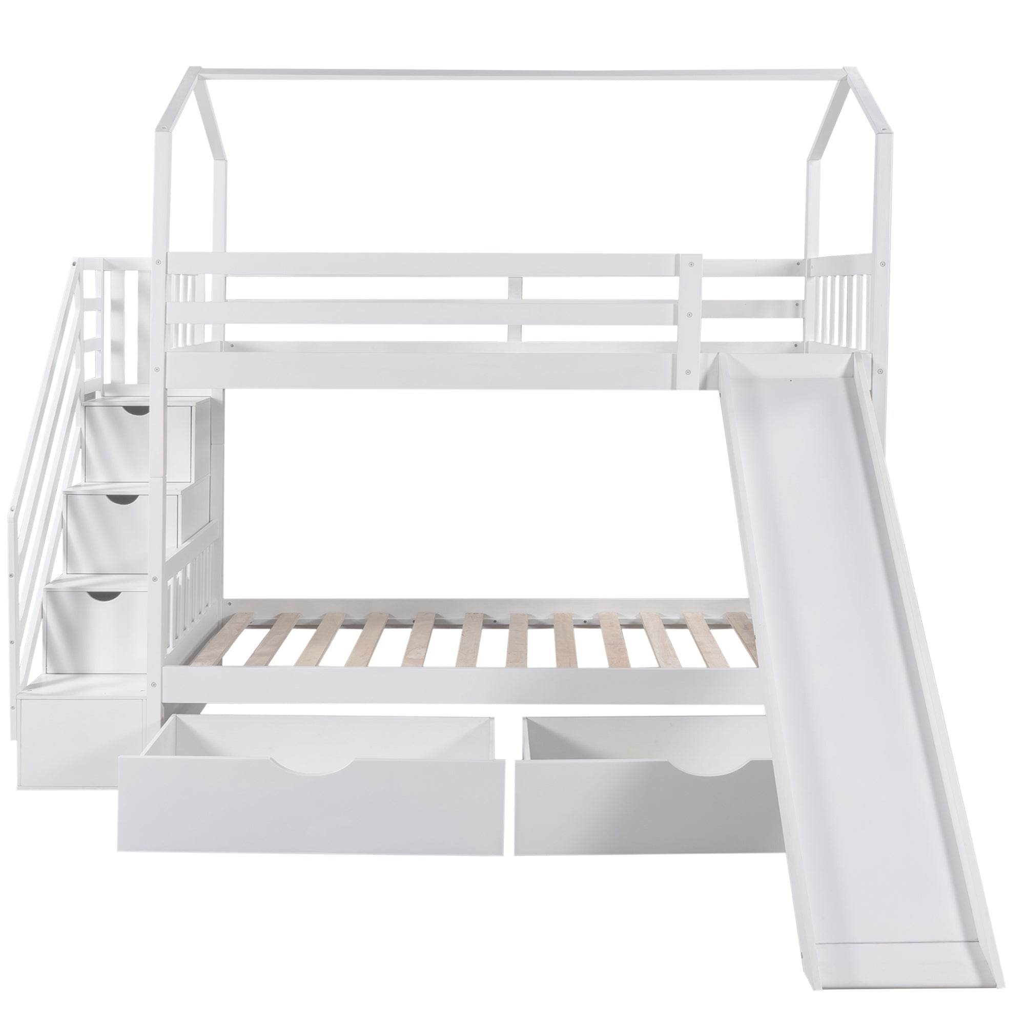 Euroco Twin House Bunk Bed with Storage for Kids, White