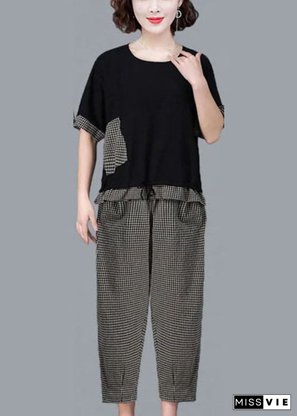 Black Plaid Patchwork Linen Tanks And Harem Pants Two Piece Set Women Clothing Drawstring Short Sleeve