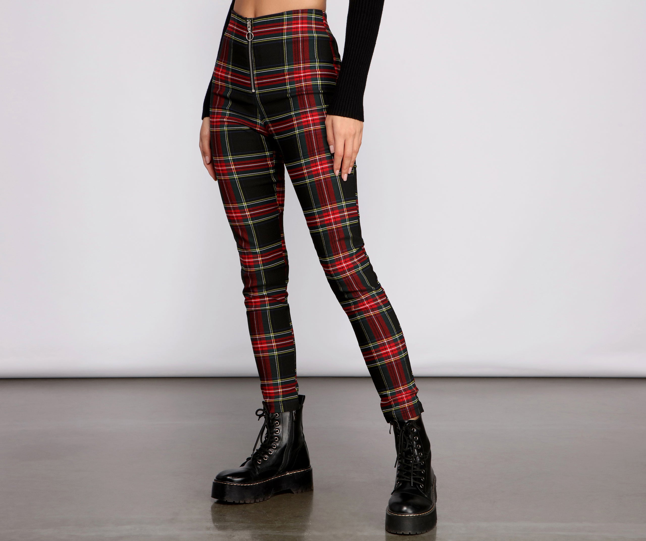 High Waist Plaid Zip Front Pants