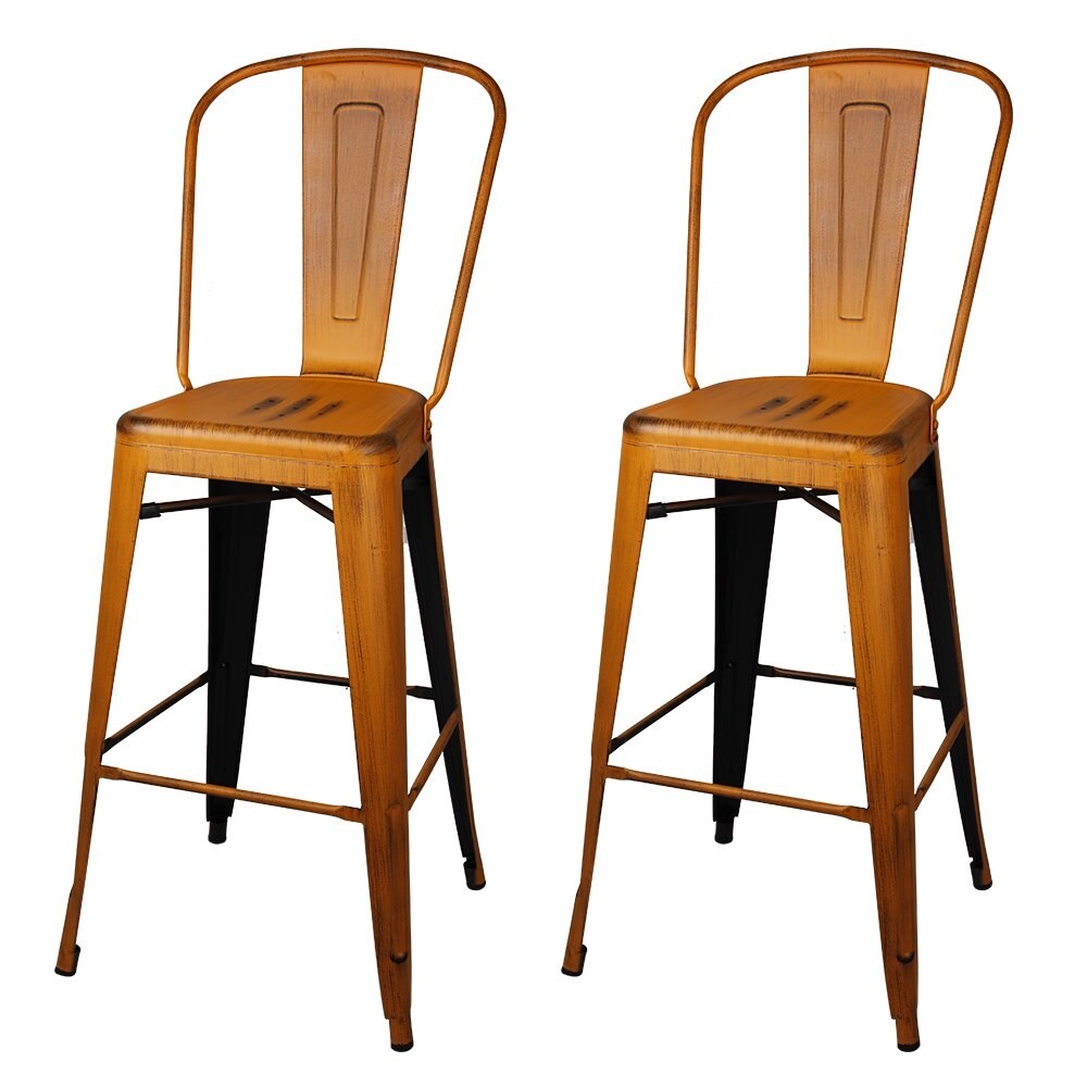 30 Inch Bar Height High Back Metal Stools， Antique Orange， Set of 2 - as picture?