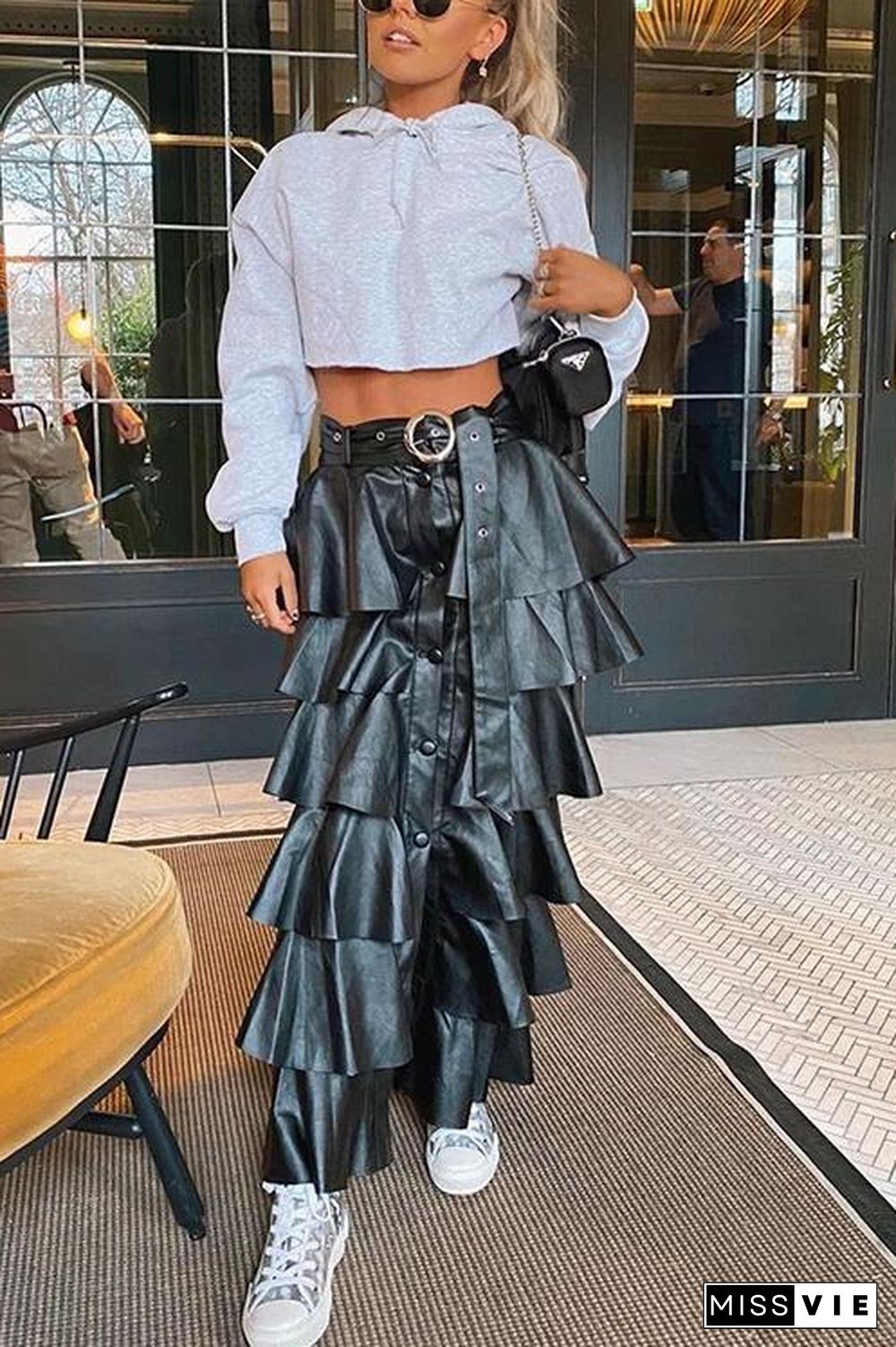 Button Up Ruffled Pu Tiered Skirt