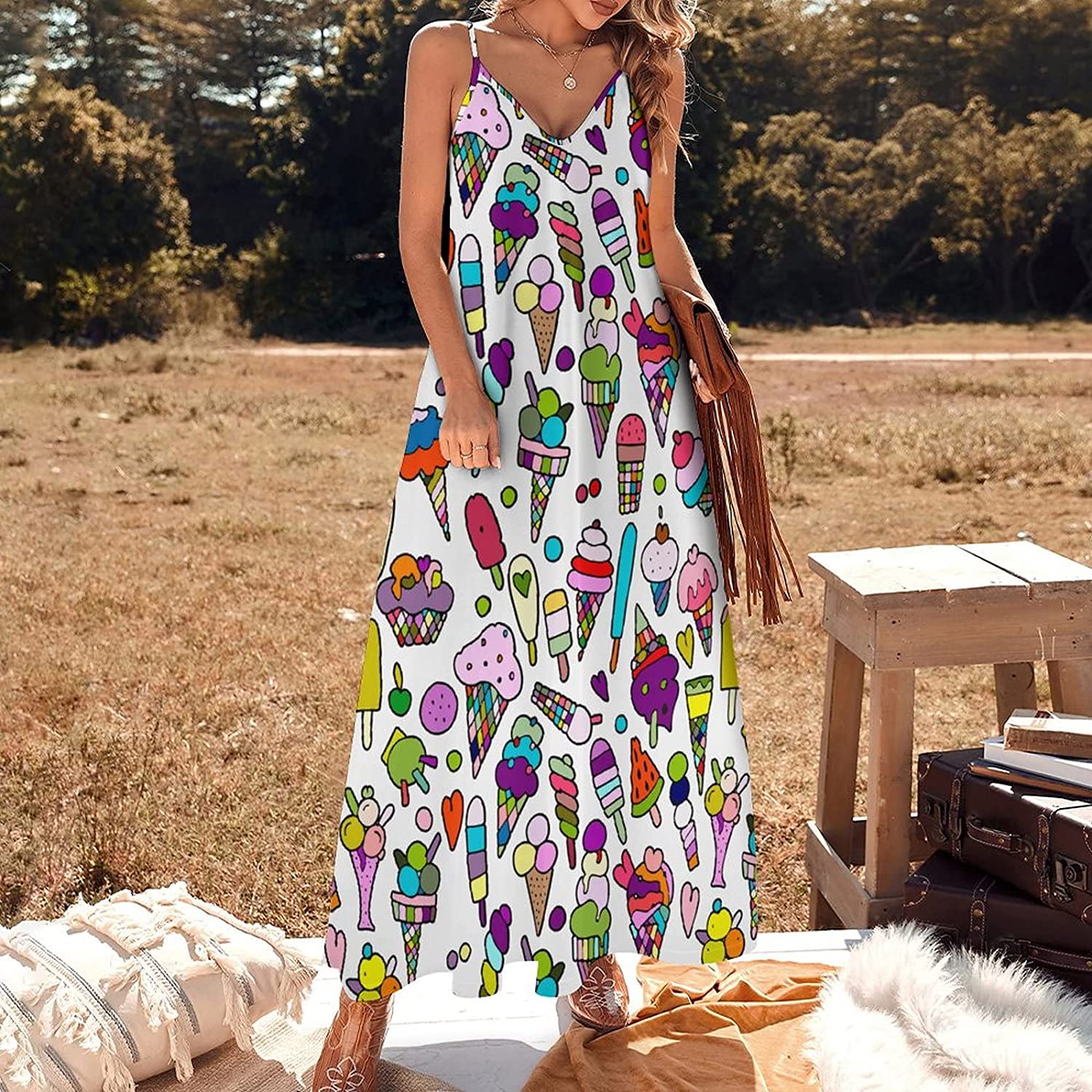 Summer is Ice Cream Women's Sling Dress Casual Loose Swing Dress Long Maxi Dresses for Beach Party