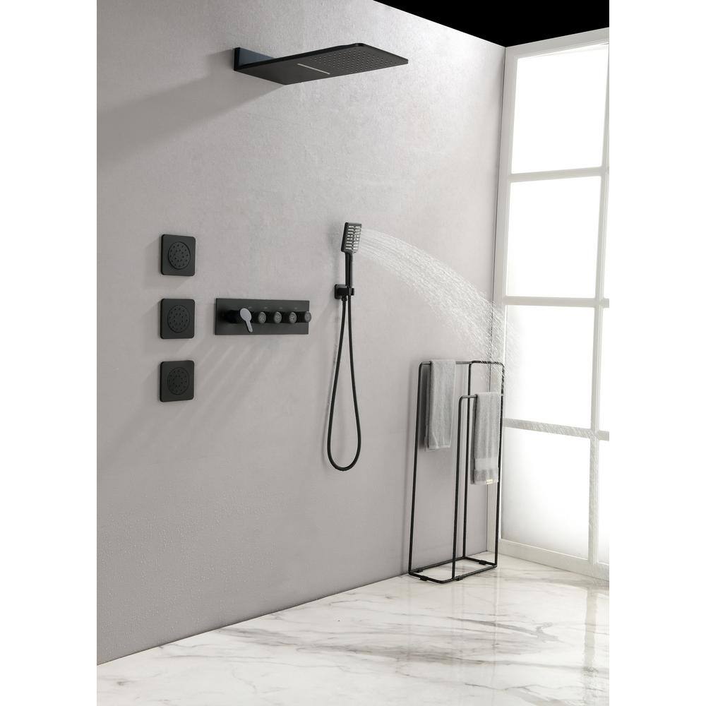 Lukvuzo Wall Mounted Waterfall Rain Shower System in Matte Black with 3 Body Sprays and Handheld Shower HDSA11FS024