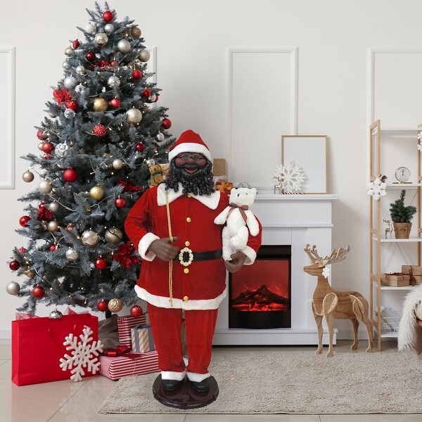 Christmas Time 58In. African American Dancing Santa with Toy Sack and Teddy Bear，Holiday Home Decor