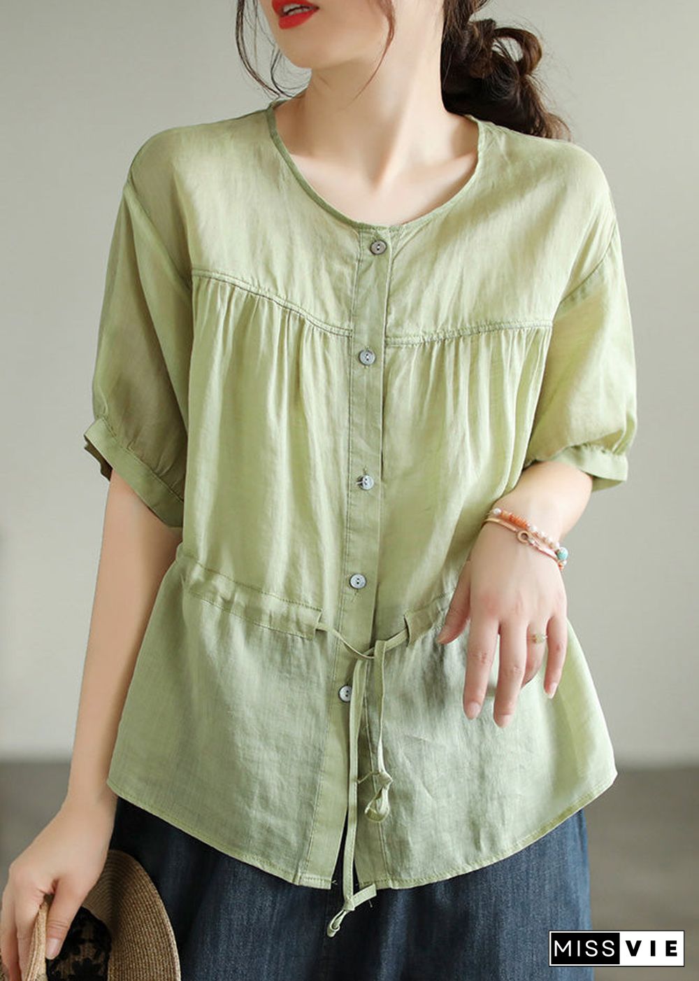 Chic Green O-Neck Patchwork Wrinkled Tie Waist Solid Ramie Shirt Short Sleeve