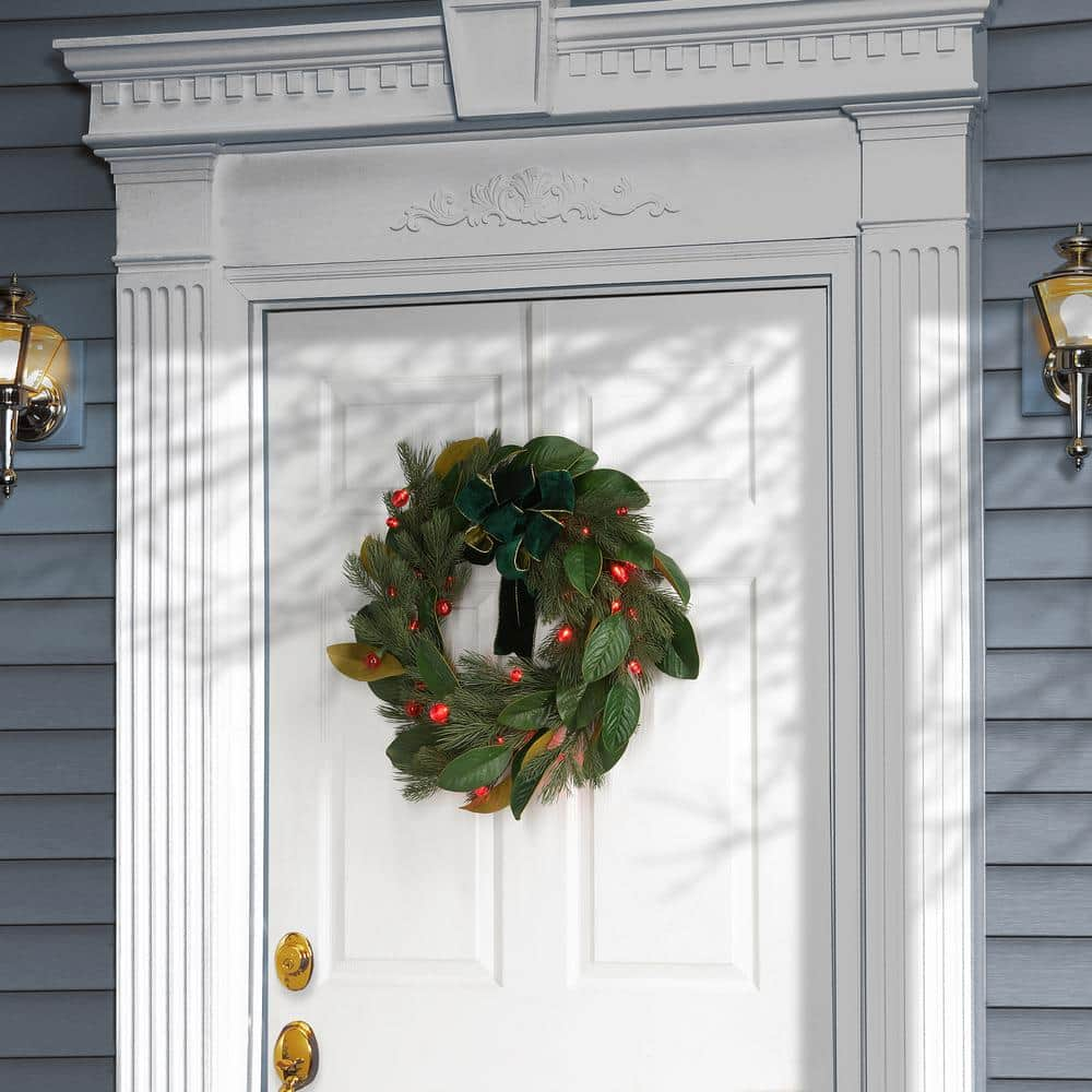 24 in. Magnolia Mix Pine Artificial Christmas Wreath with LED Lights and Bow