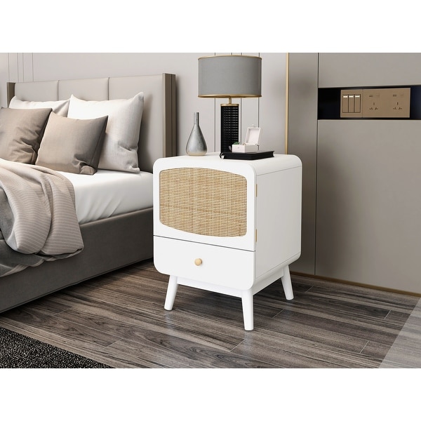 White Nightstand， Bedside Table with Storage Drawe Rattan Door