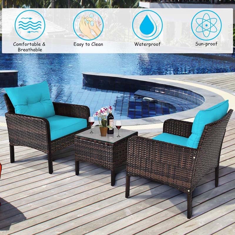 3 Pcs Rattan Wicker Outdoor Bistro Set with Coffee Table & Chairs, All-Weather Patio Conversation Sets