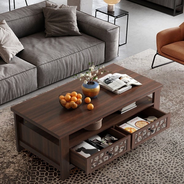 3-tier Coffee Table with 2 Drawers and 5 Support Legs-Brown - 46