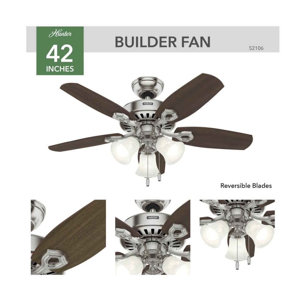 Hunter Builder Ceiling Fan 42 Brushed Nickel Brazilian Cherry ;