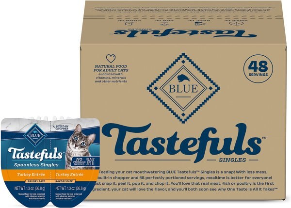 Blue Buffalo Tastefuls Spoonless Singles Turkey Entrée Pate Adult Cat Food， 2.6-oz cup， case of 24