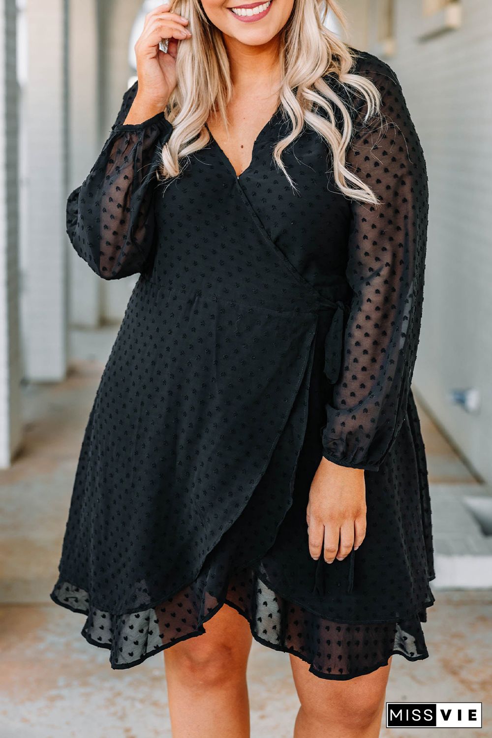 Black Plus Size Swiss Dot V Neck Wrap Long Sleeve Dress