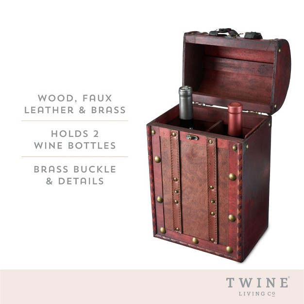 Twine Antique 2 Bottle Wooden Decorative Wine Box With Lid And Handle Wood Faux Leather Brass Accents