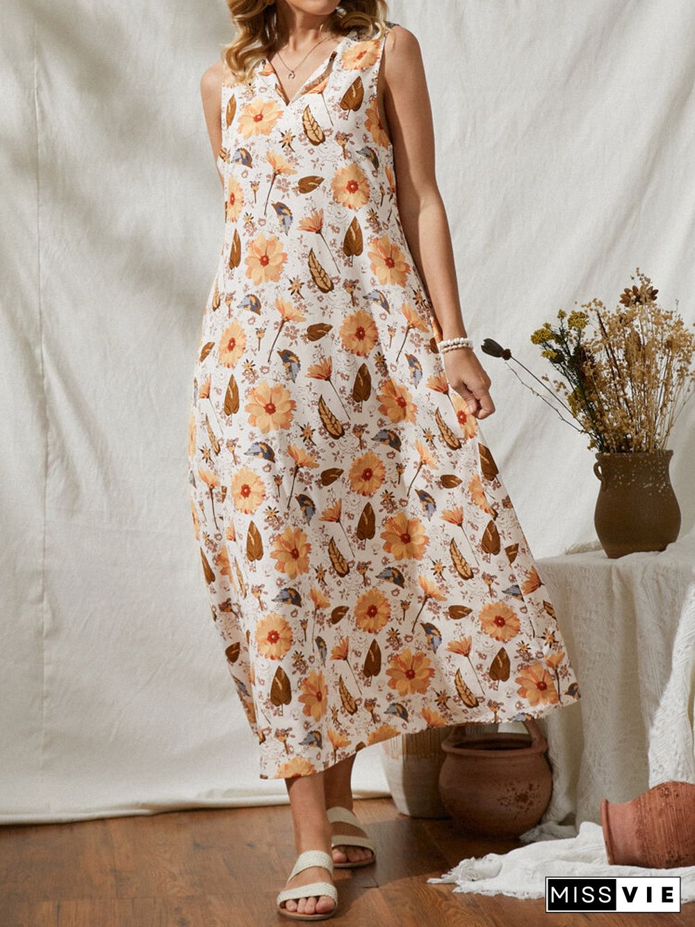 Flower Leaves Print V-neck Sleeveless Women Loose Maxi Dress