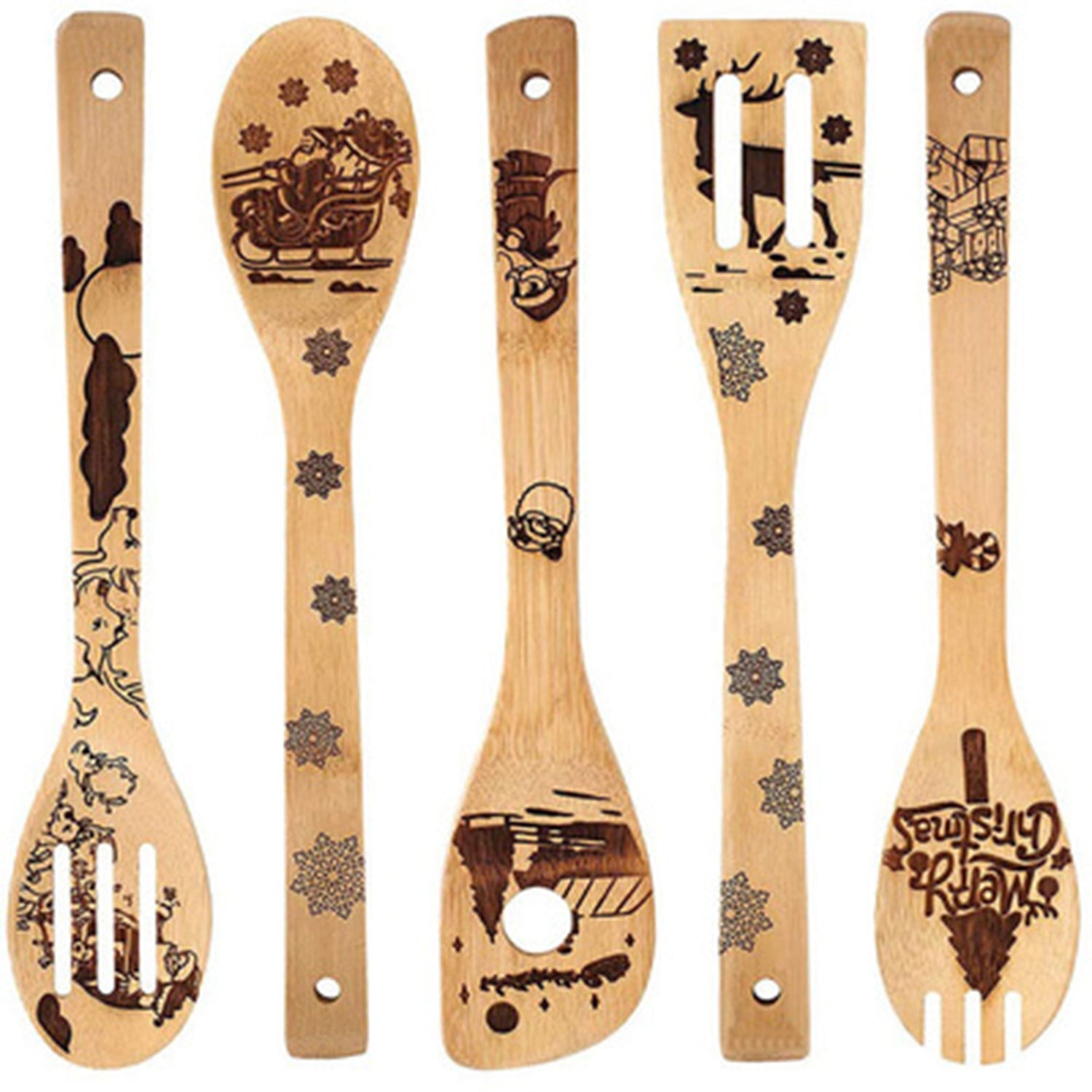 Christmas 5Pcs Wooden Spoons Utensil Set Cooking Utensils Natural Bamboo Kitchen Tools Slotted Spoon