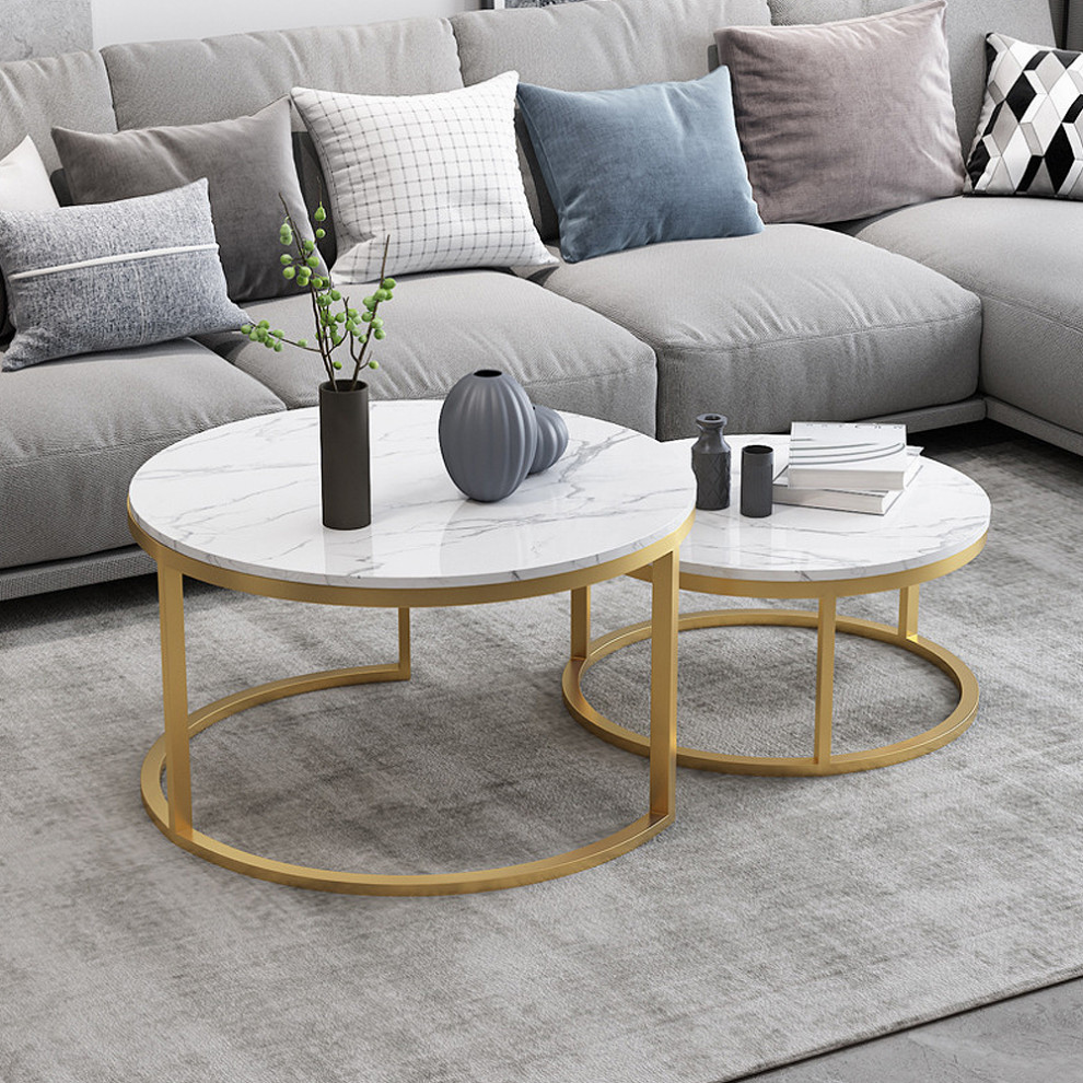 Modern Round Coffee Table Gold Metal  ampWhite Marble Accent Table with Set of 2   Contemporary   Coffee Table Sets   by Homary International Limited  Houzz