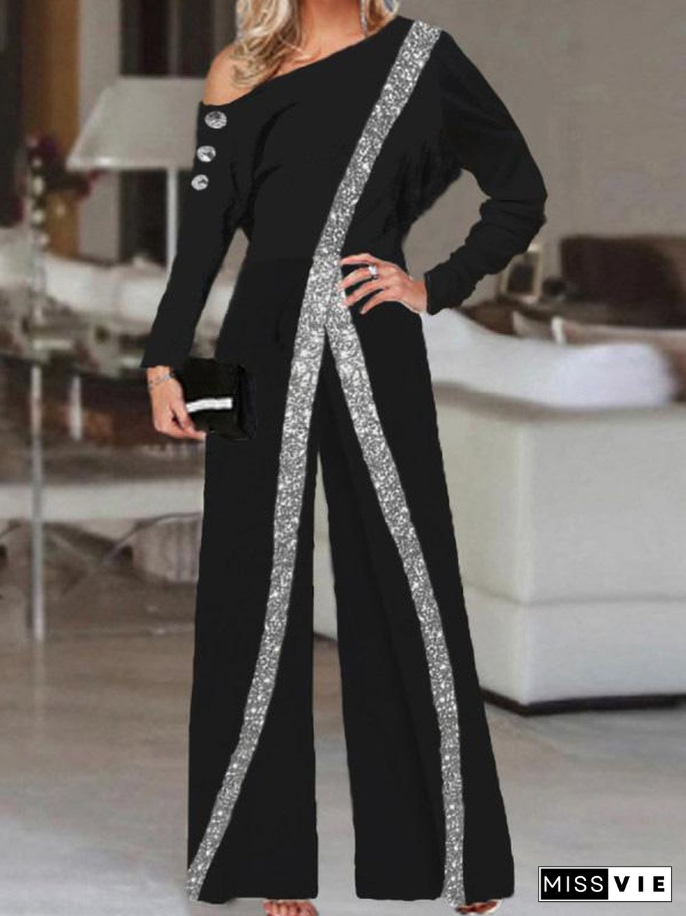 Women's Jumpsuits Sequin Paneling Slanted Shoulder Long Sleeve Wide Leg Jumpsuit