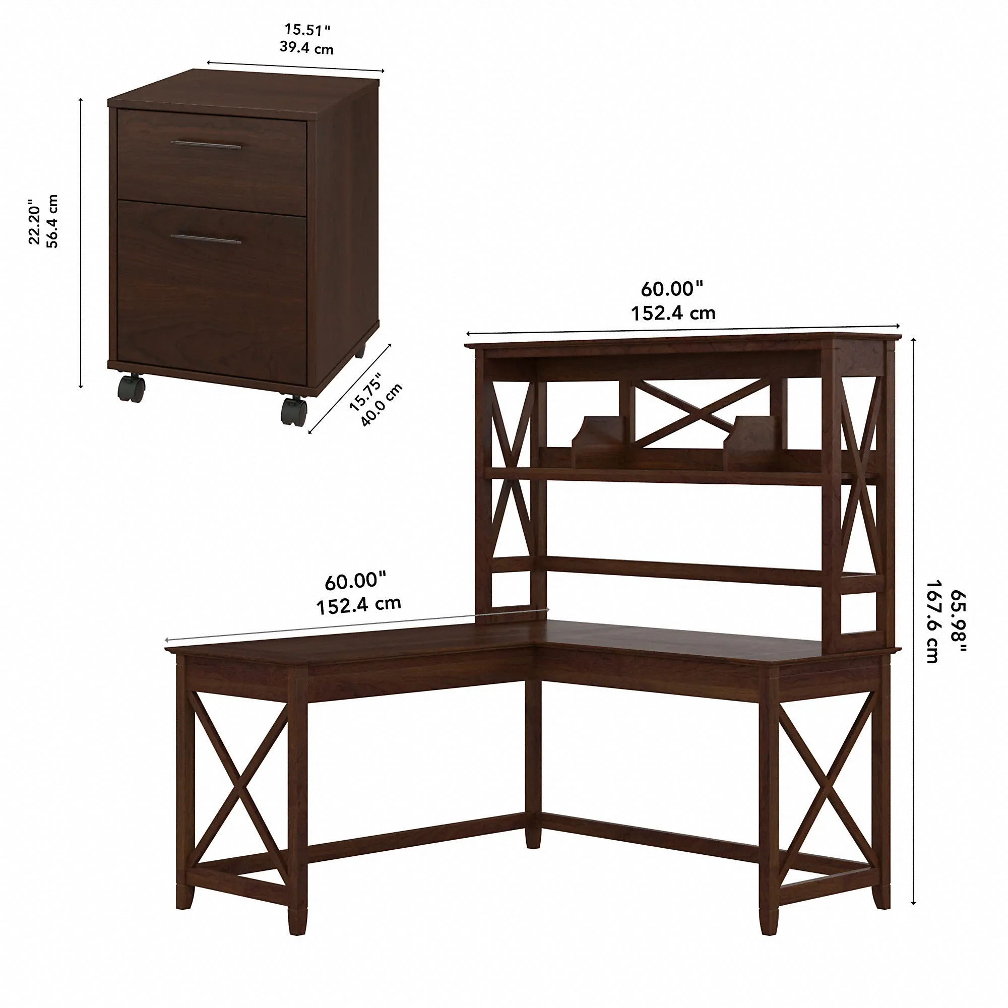 Key West Bing Cherry 60 Inch L Shaped Desk with Hutch and Mobile File Cabinet - Bush Furniture