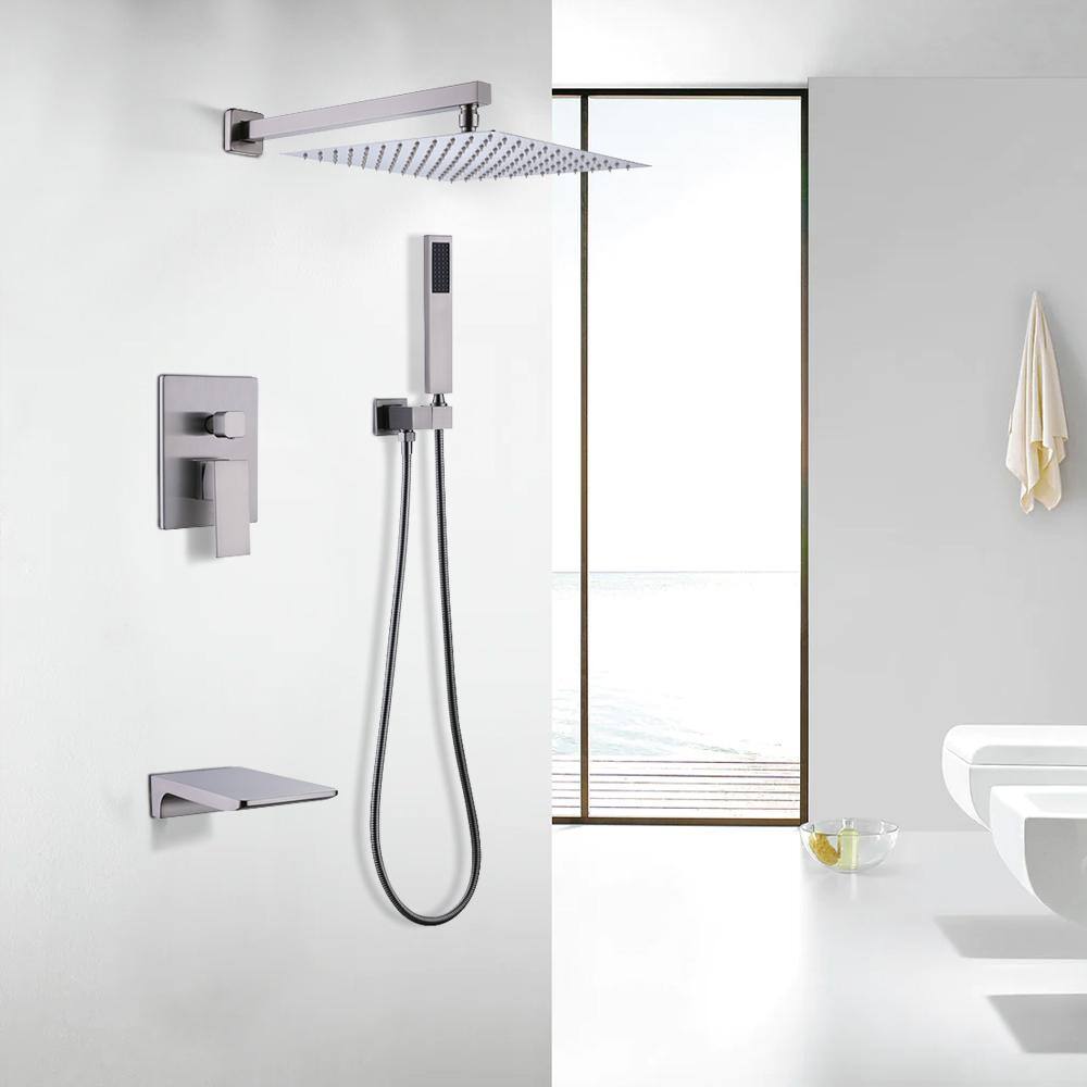 Flynama 3-Spray Wall Mounted Square Rainfall Pressure Balanced Complteted Shower System with Rough-in Valve in Brushed Nickel J-X-3W02BN