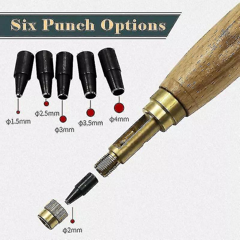 Diy Leather Punch Rotary Punch Screw Hole Punch Bookbinding Tool With 6 Tip Sizes And Wood Handle