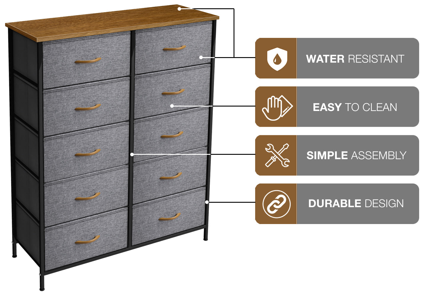 Sorbus Dresser with 10 Drawers - Storage Unit Organizer Chest for Clothes - Bedroom, Hallway, Living Room, Closet, & Dorm Furniture - Steel Frame, Wood Top, and Easy Pull Polyester Fabric Bins