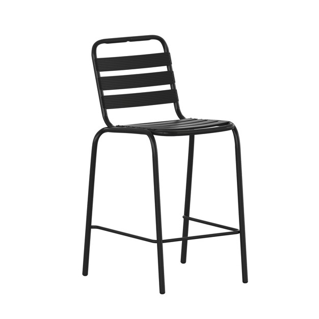 Emma And Oliver Metal Dining Stool With Triple Slatted Back For Indoor And Outdoor Use