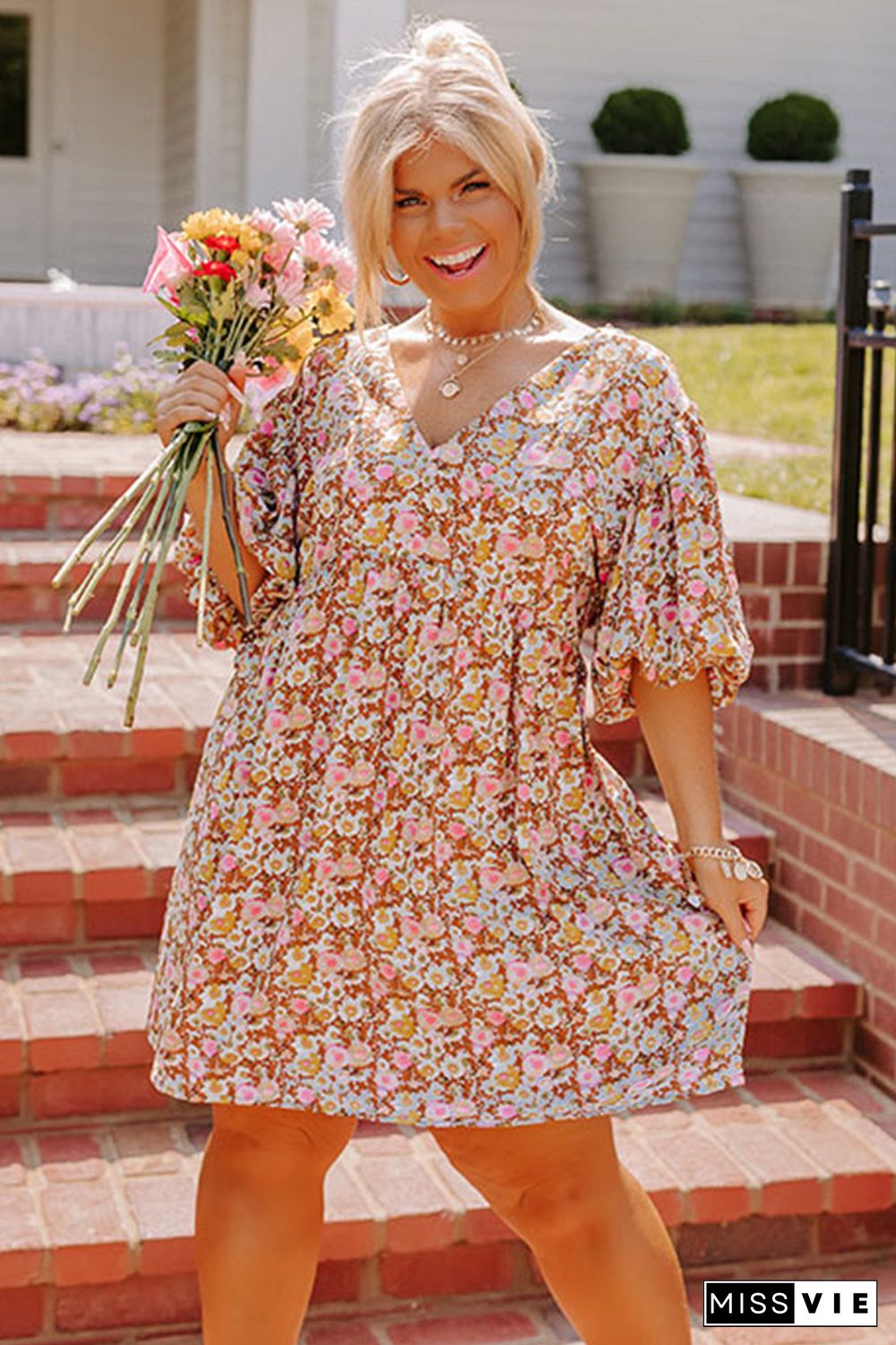 Multicolor Plus Size Floral Print Puff Sleeves Dress