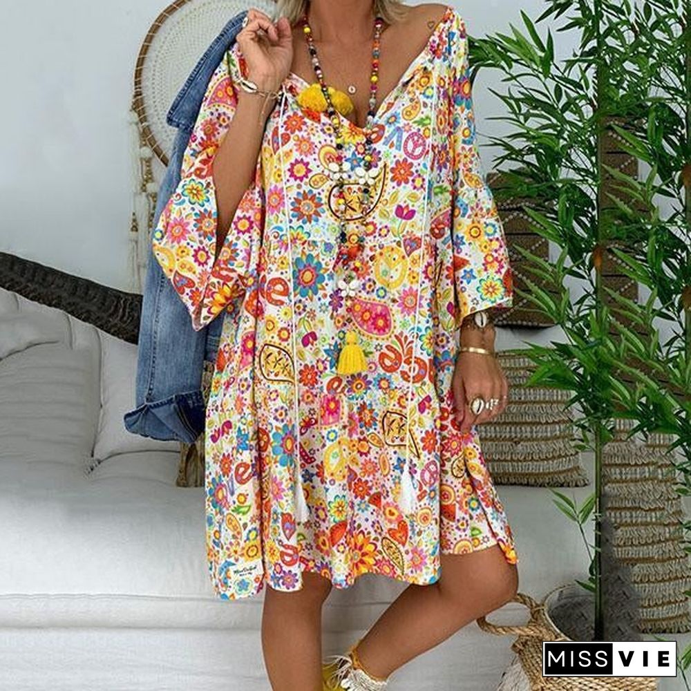 Short Sleeve Printed V Neck Loose Dress