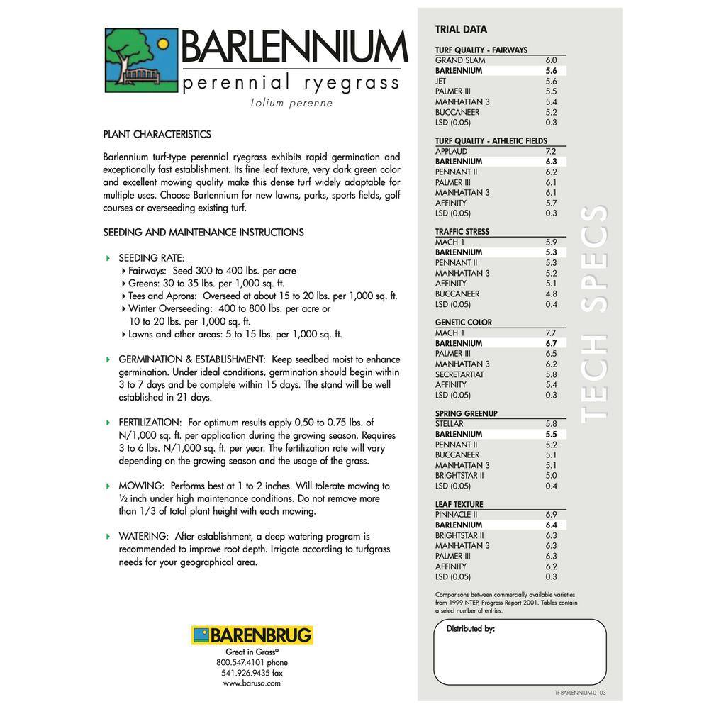 Barenbrug 50 lbs. Barlennium Perennial Ryegrass Seed 12196