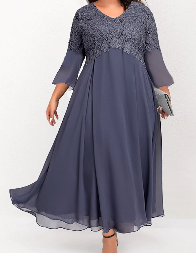 Women's Plus Size Lace Dress Pure Color V Neck 3/4 Length Sleeve Fall Winter Stylish Casual Maxi long Dress Daily Weekend Dress